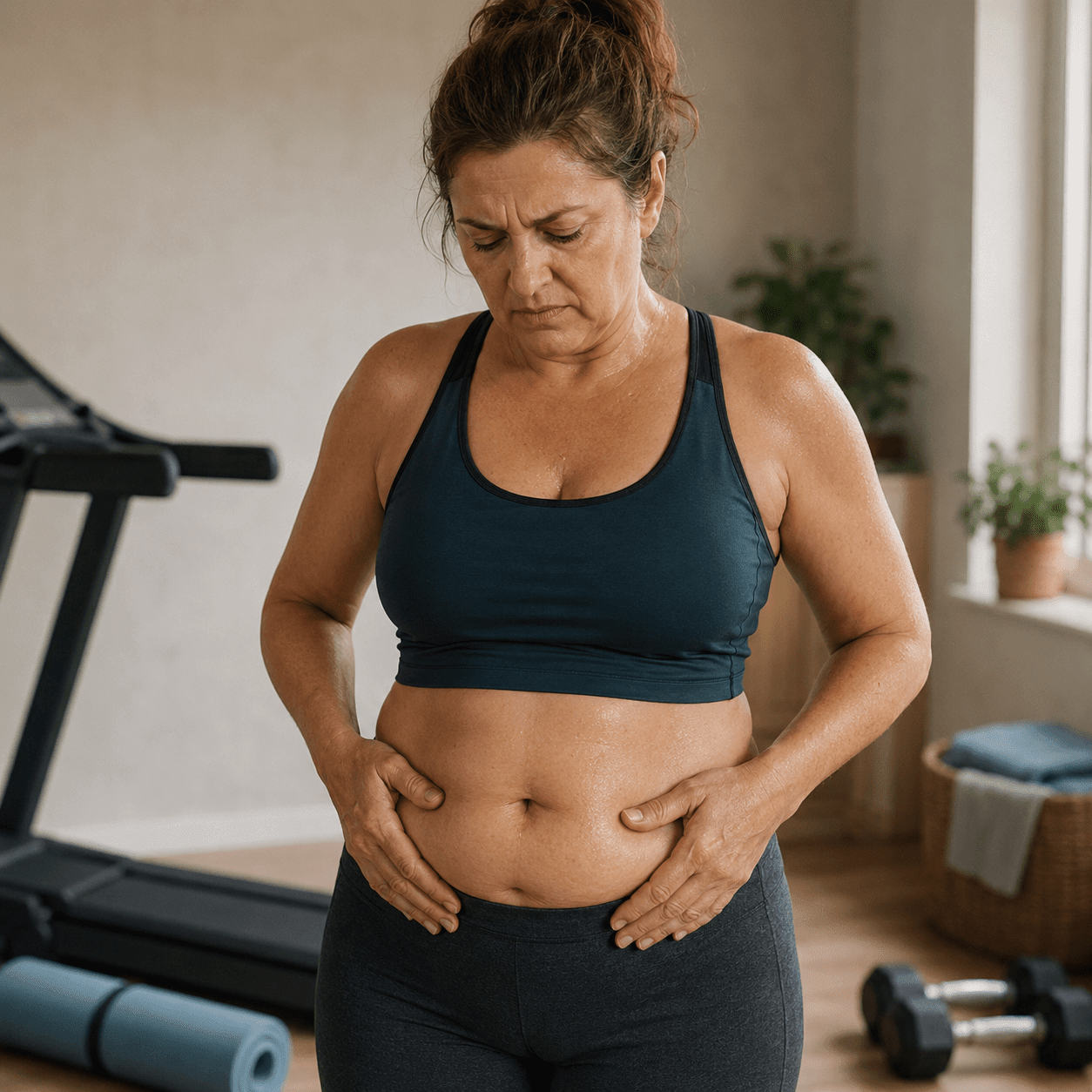 Woman exercising but still frustrated with belly