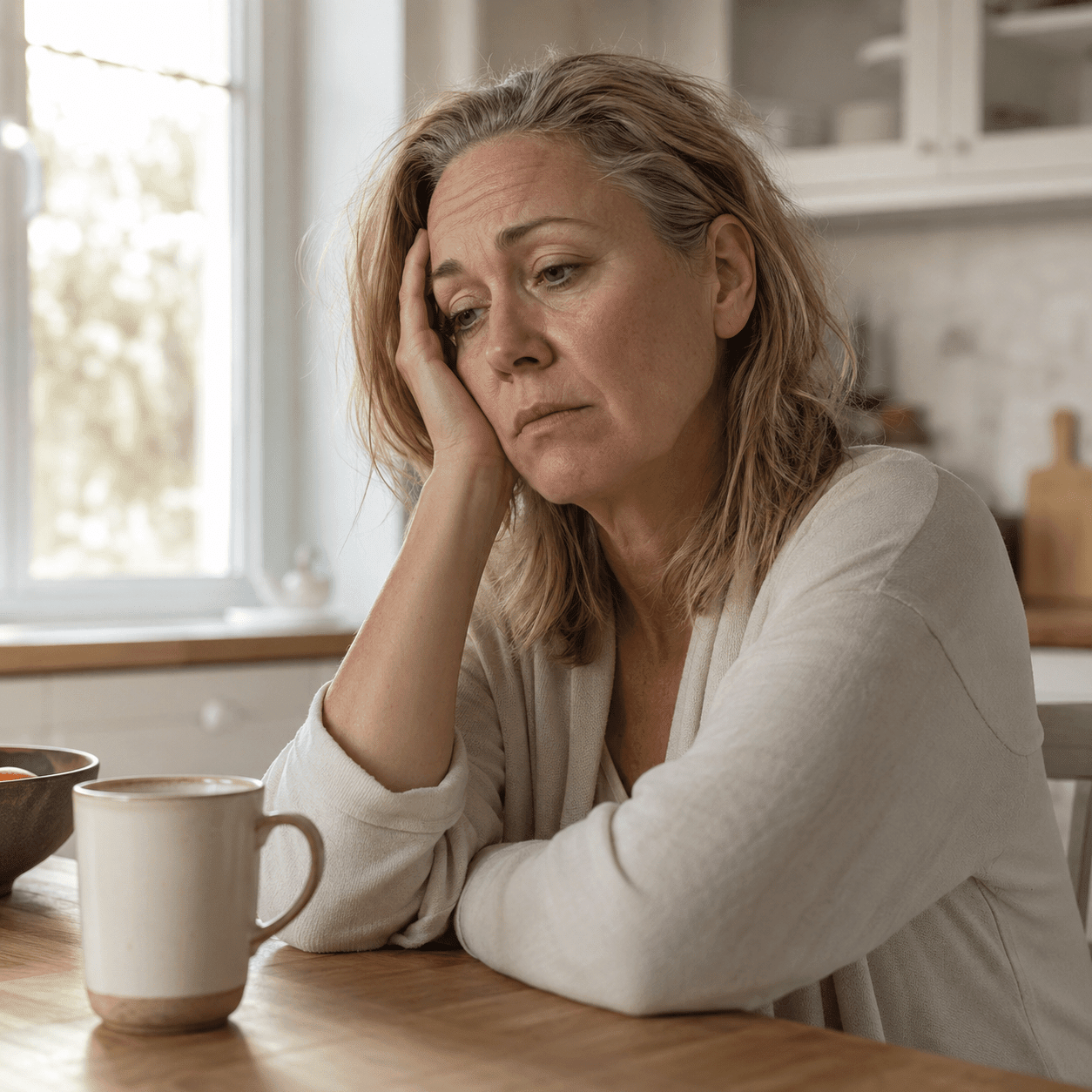 Woman emotionally exhausted in kitchen from poor sleep and menopause