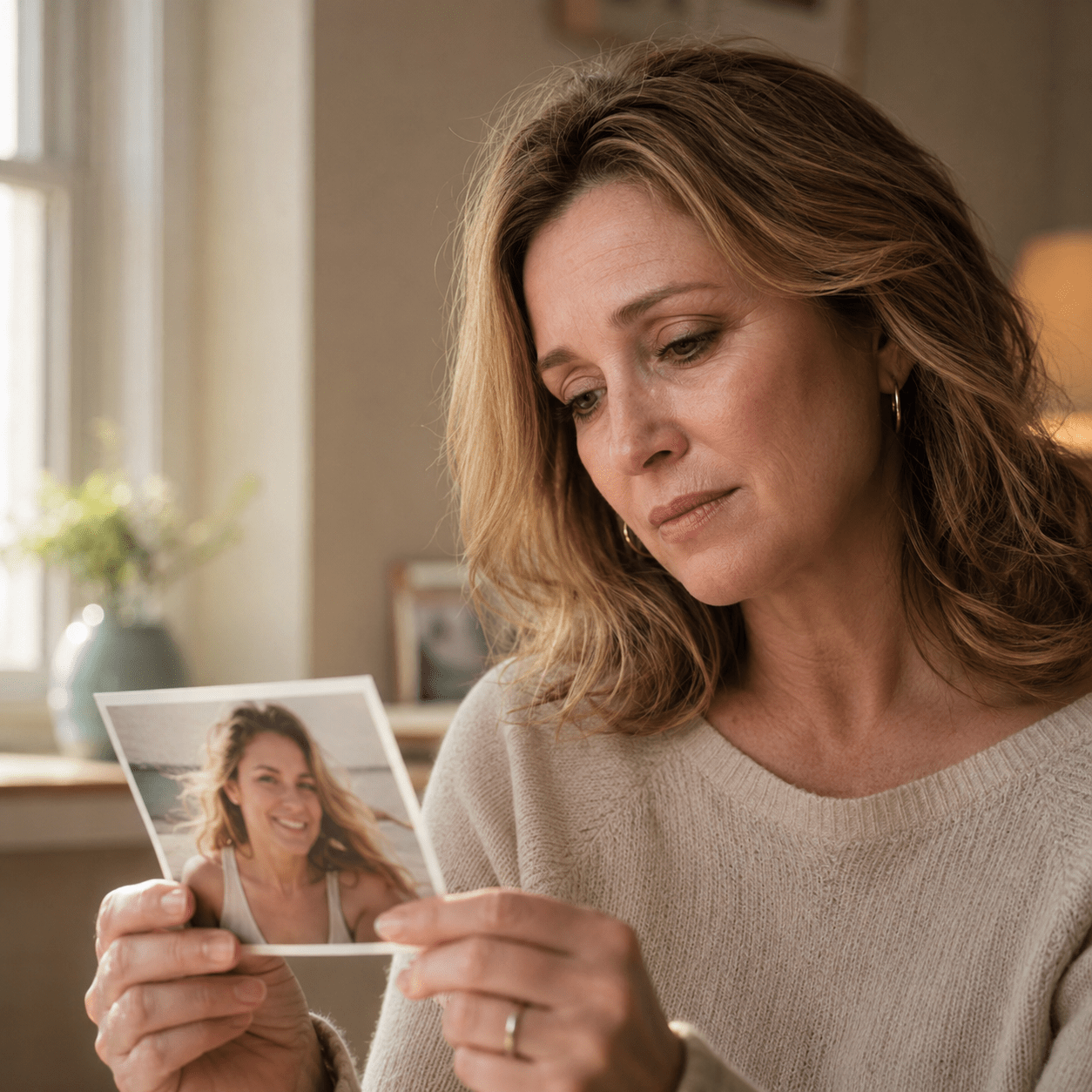 Woman looking at old photo feeling emotional about menopause body changes
