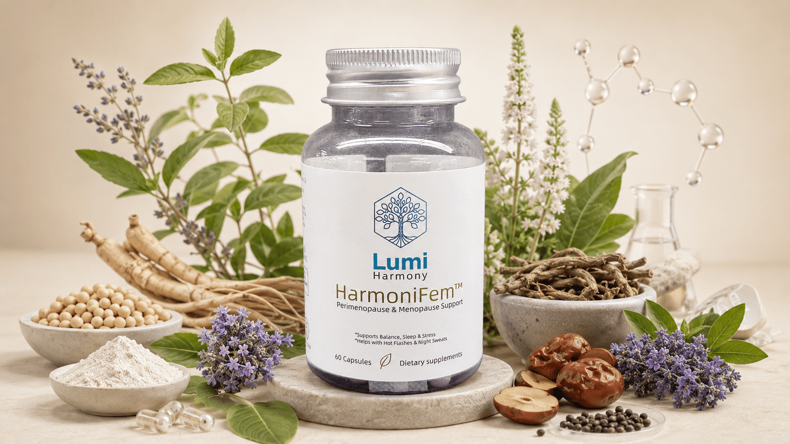 HarmoniFem bottle with botanical ingredients